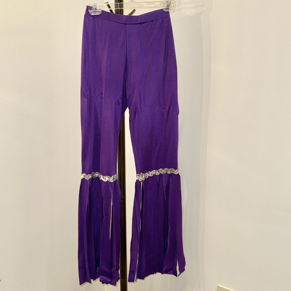Purple Fringe Bell Bottom Pants with silver sequin trim